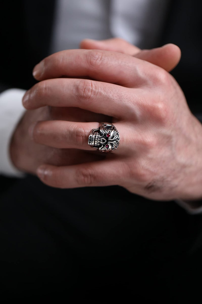Babylon Silver Solid 925 Sterling Silver CZ Cubic Zirconia Ruby Color Red Eyes Retro Gothic Biker Skull Luxury Men's Ring (8) - Image 3